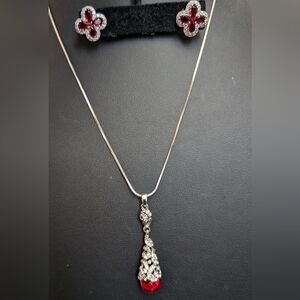 #104 NWOT Elegant Silver and Red Pendant Necklace and Earring Set